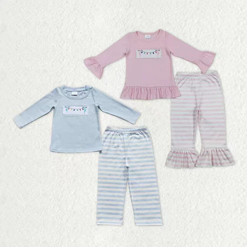 9.22 RTS Sibling Embroidery Lights Baby Kids Long Sleeves Pants Christmas Pajamas Sets