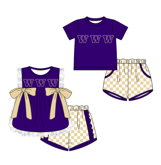 CUSTOM MOQ 5 Cute Comfortable Clothing For Kids Sibling Boys Baby Girls Summer Purple Bow Top Khaki Checked Shorts Team Clothes Sets