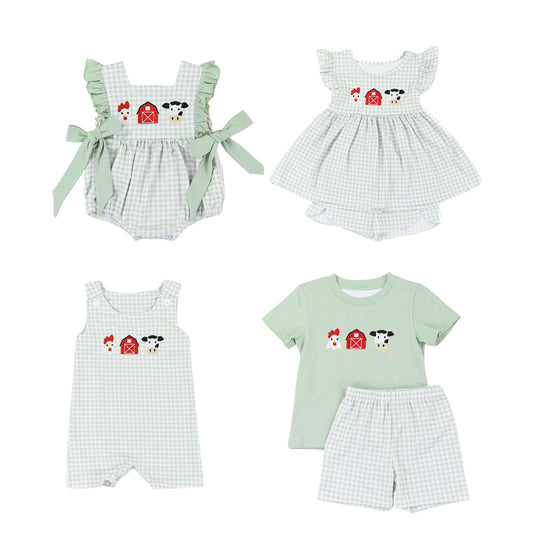 Baby Infant Girls and Boys Green Checkered Farm Chicken Cow Bows Rompers-dress -Short suits preorder
