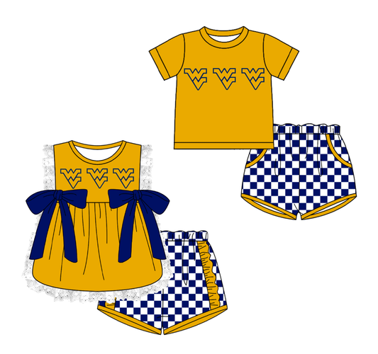 CUSTOM MOQ 5 Cute Comfortable Clothing For Kids Sibling Boys Baby Girls Summer Golden Bow Top Blue Checked Shorts Team Clothes Sets