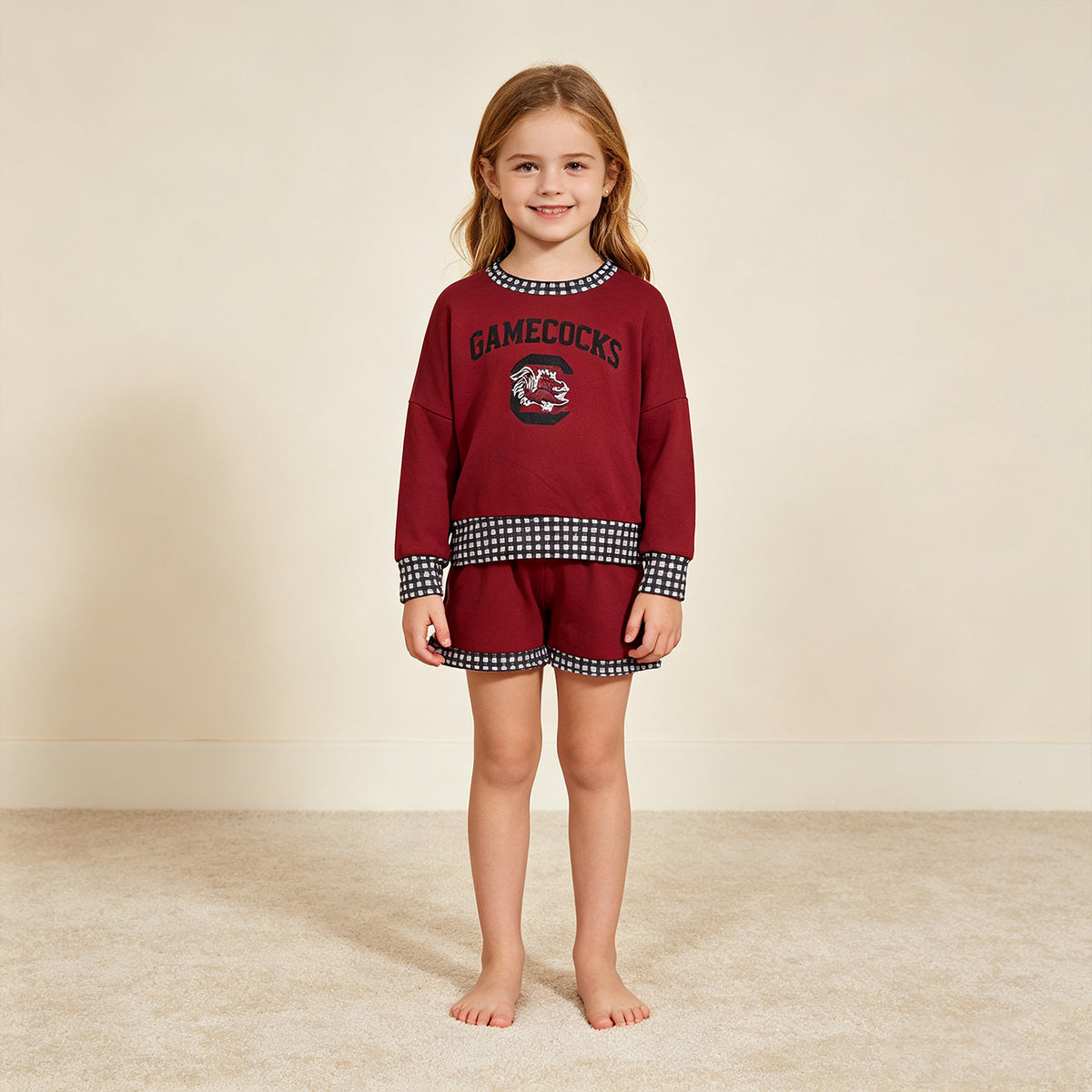 RTS NO MOQ （In stock）GLS0169 Baby Girls Vinyl Gamecocks Long Sleeve Top Pockets Short Team Clothes Set