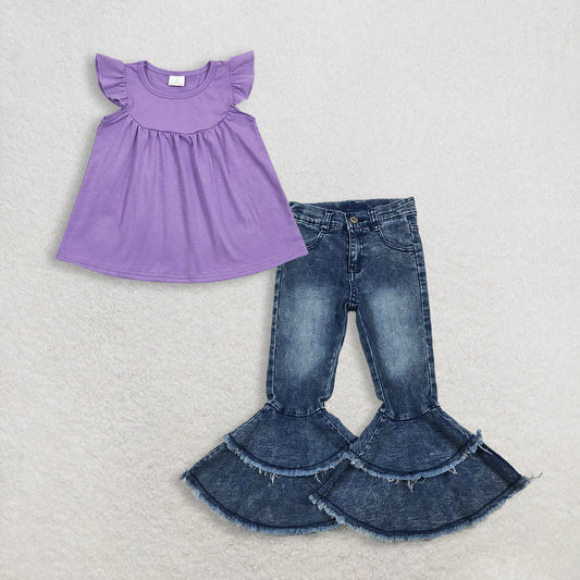 3.9 RTS NO MOQ （In stock）GT0461 + C5-15 Baby Girls Purple Cotton Flutter Sleeve Tunic Tops  ruffle denim pants jeans Clothes Sets