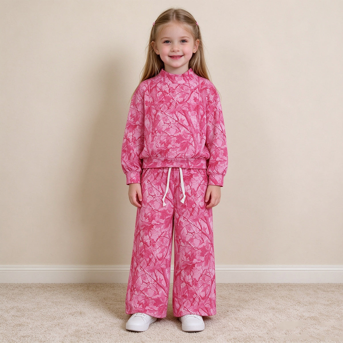 RTS NO MOQ （In stock）milk silk GLP3650(GT1823+P1137) Baby Girls Hot Pink Tree Camo Print Mock Neck Long Sleeve Sweatshirt Pants Casual Matching Outfit Set