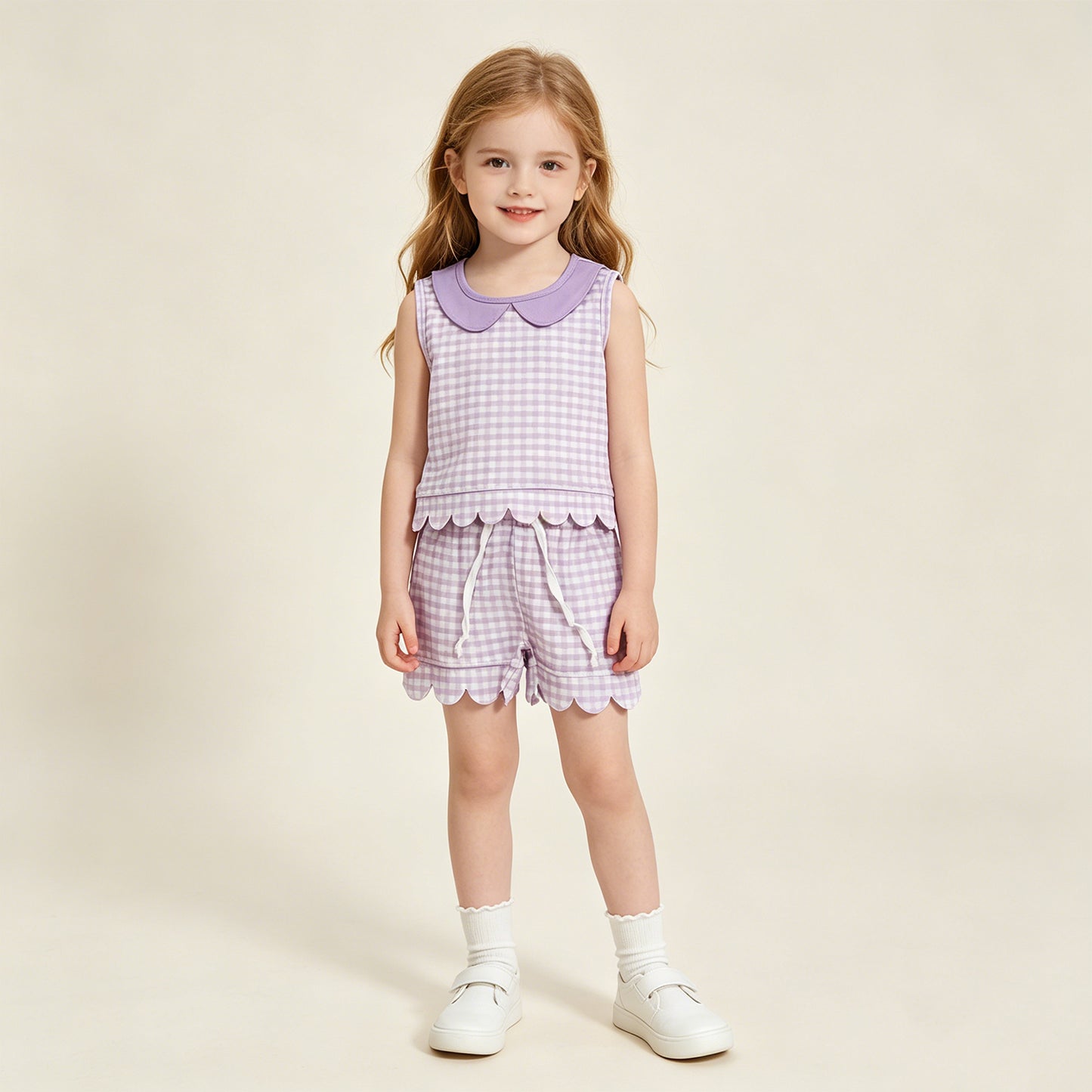 GSSO3396 RTS NO MOQ （In stock ）Sleeveless lavender plaid scallop top shorts girls outfits