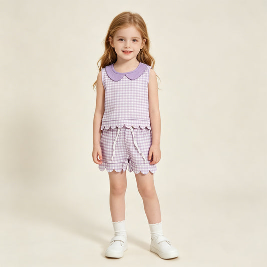 GSSO3396 RTS NO MOQ （In stock ）Sleeveless lavender plaid scallop top shorts girls outfits