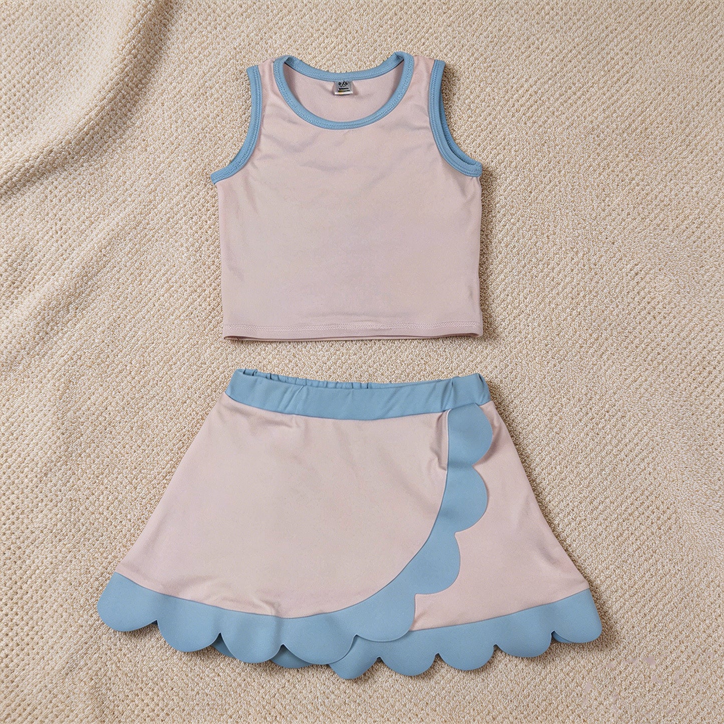GSD4010 RTS NO MOQ （In stock）Sleeveless light pink blue scallop kids girls active wear set