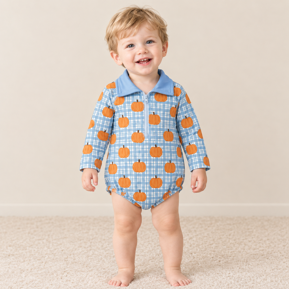 RTS NO MOQ milk silk LR3201 Baby Boys Blue Checked Pumpkins Fall Zip Long Sleeve Rompers