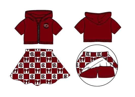 CUSTOM MOQ 5 Kids Clothing for Girls Baby Girls Red C Bow Hoodie Top Skirt Team Clothes Sets