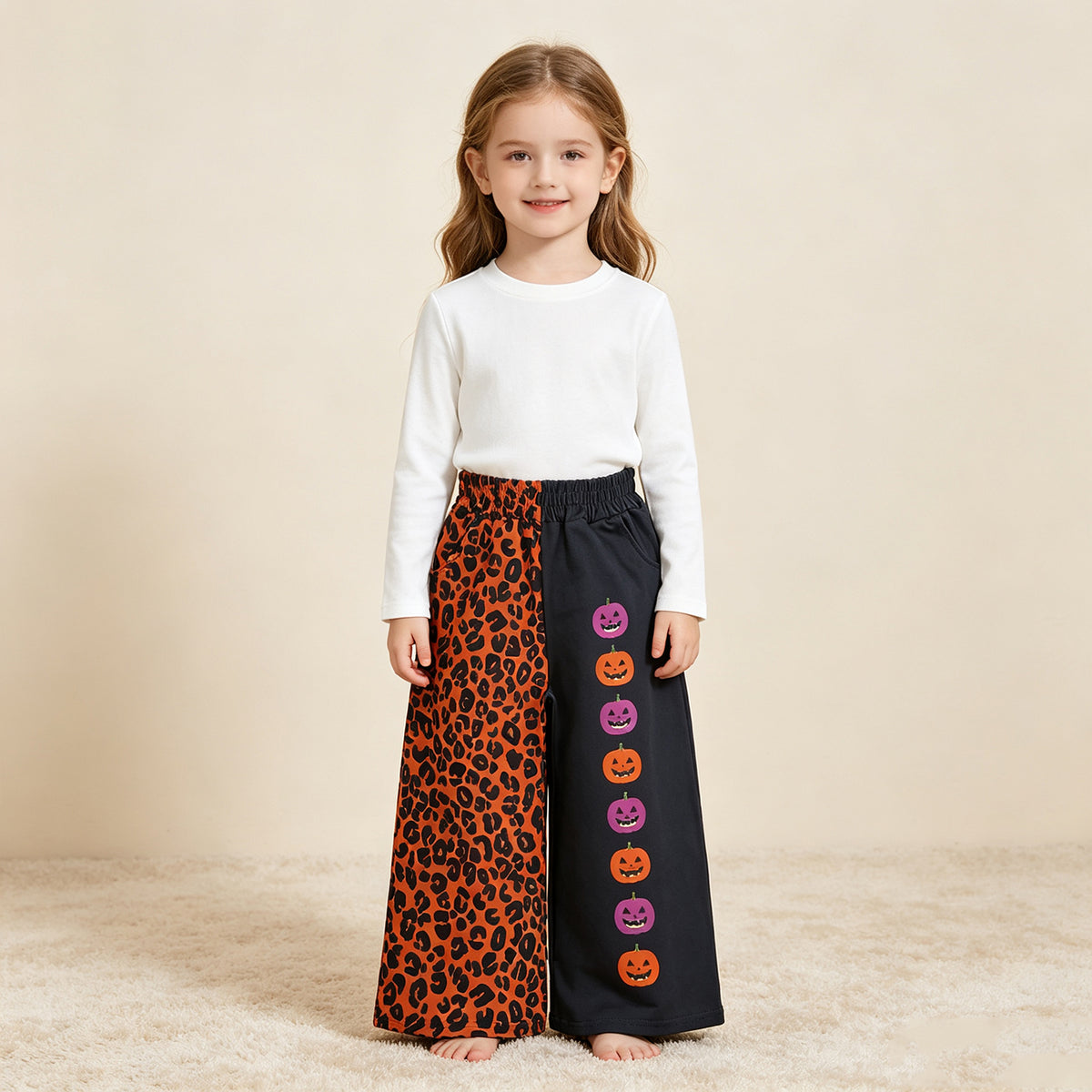 RTS NO MOQ （In stock）milk silk P1136 Baby Girls Ghost Pumpkins Leopard Halloween Pockets Flare Pants Bottom