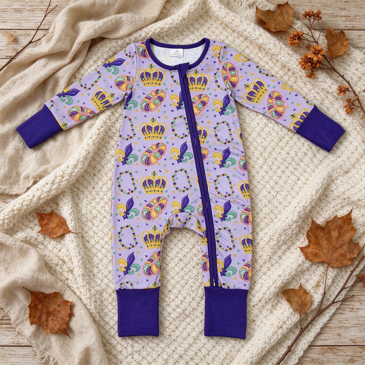 RTS NO MOQ （In stock）milk silk LR3341 Baby Holiday Purple Long Sleeve Two Way Zip Convertible Rompers