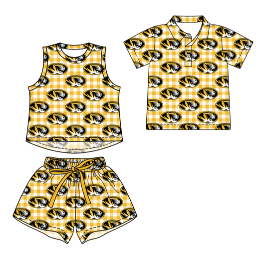 3.13 CUSTOM MOQ 5 Sibling Boys Baby Girls Summer Fashion Yellow Check Sleeveless Top Shorts Button Polo Shirts Team Clothes Sets