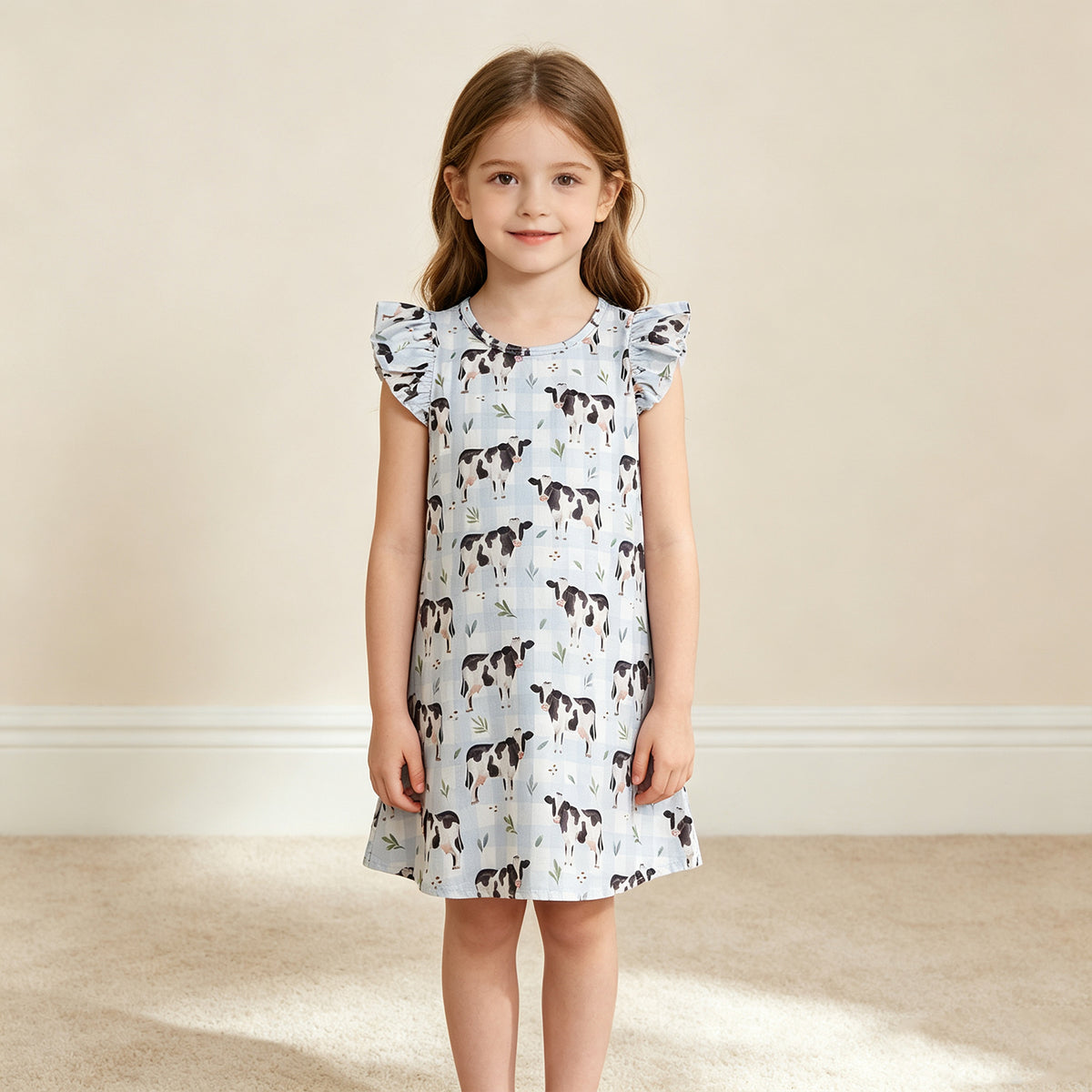 RTS NO MOQ （In stock）milk silk GSD3895 Baby Girls Flutter Sleeve Blue Checked Cows Farm Knee Length Cute Dresses