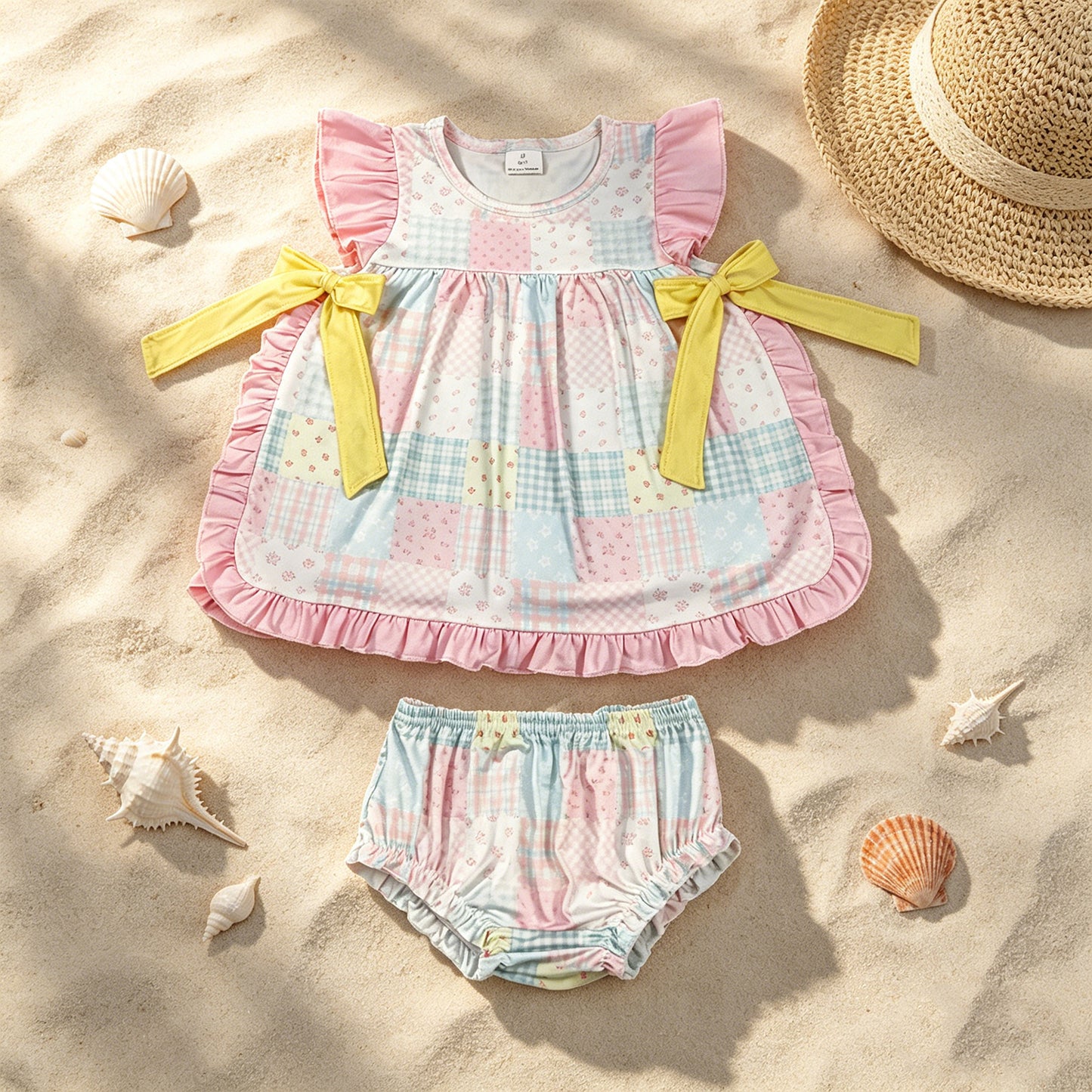 GBO0513 RTS NO MOQ （In stock）Pink flutter sleeves floral bow tunic bummies girls outfits
