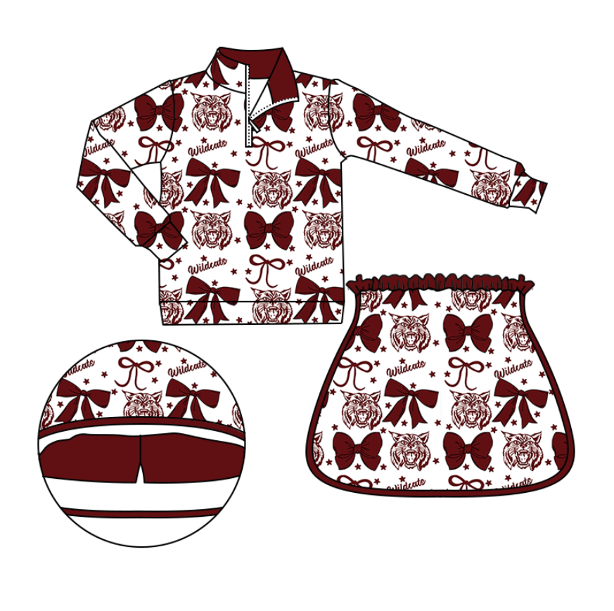 3.6 CUSTOM MOQ 5 Baby Girls Cute Fashion Long Sleeves Red Bows Cat Zipper Top Skorts Yoga Sets