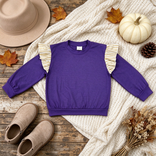 RTS NO MOQ （In stock）cotton GT1846 Baby Girls Purple Khaki Stripe Long Flutter Sleeve Casual T Shirts Top For Daily Wear