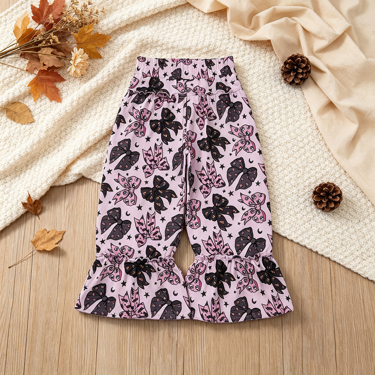 RTS NO MOQ （In stock）milk silk P1069  Baby Girls Black Pink Ghost Bows Stars Halloween Ruffle Flare Pants