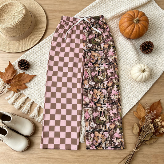 RTS NO MOQ （In stock）milk silk P1094 Adult Women Pink Checked Leaves Camo Flare Pants Bottom