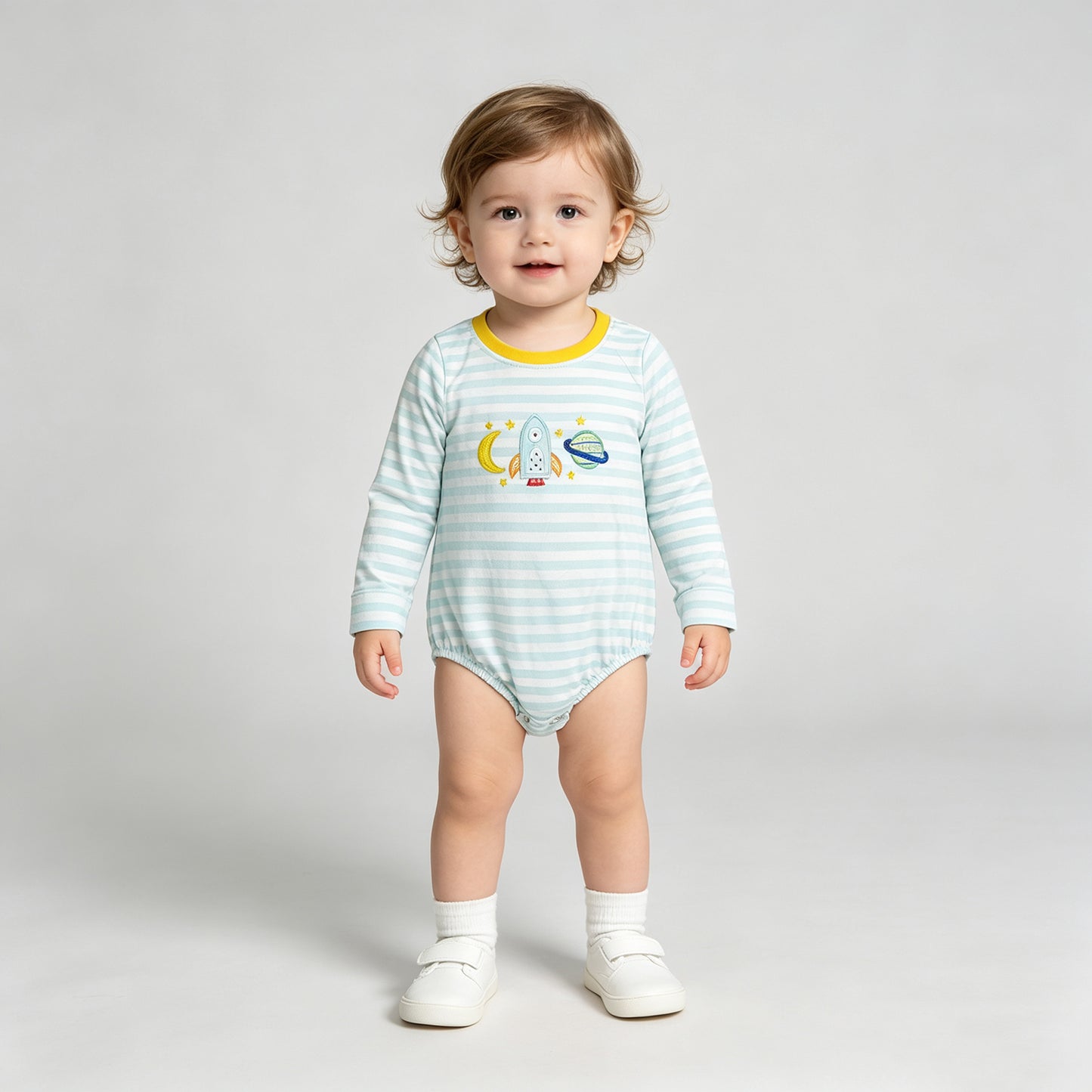 LR3063 RTS NO MOQ （In stock）Stripe moon rocket embroidery baby boy romper