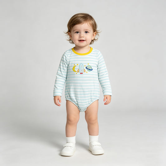 LR3063 RTS NO MOQ （In stock）Stripe moon rocket embroidery baby boy romper