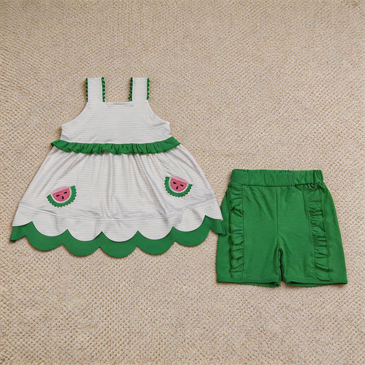 GSSO3164 RTS NO MOQ （In stock）Pink stripe watermelon scallop tunic ruffle shorts girls outfits