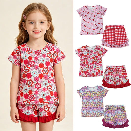 RTS NO MOQ （In stock ）Short sleeves cherry bow top plaid shorts girls outfits