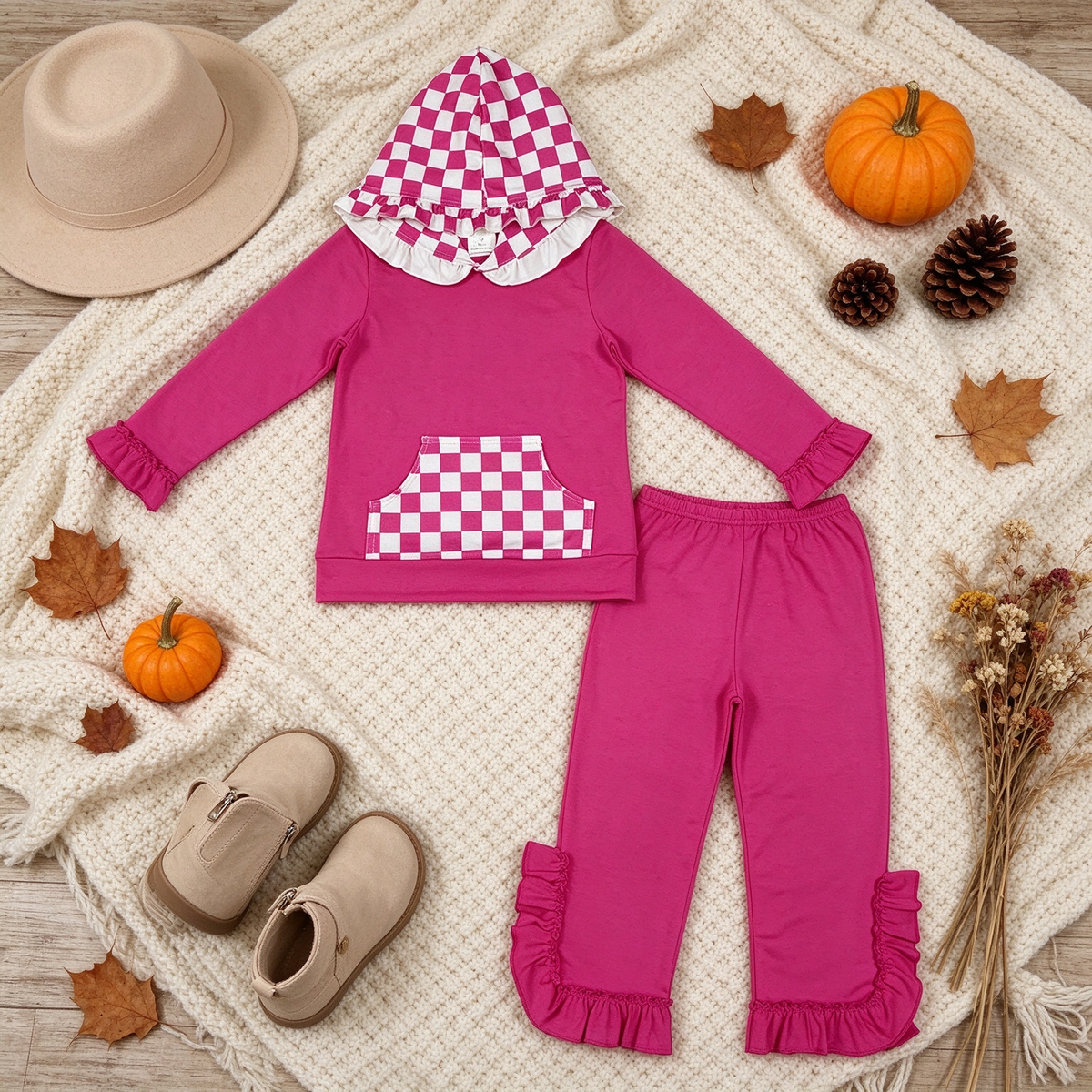 RTS NO MOQ （In stock）cotton GLP3709（GT1851+P1161）Baby Girls Hot Pink Checked Pocket Hoodie Ruffle Pant Outfit