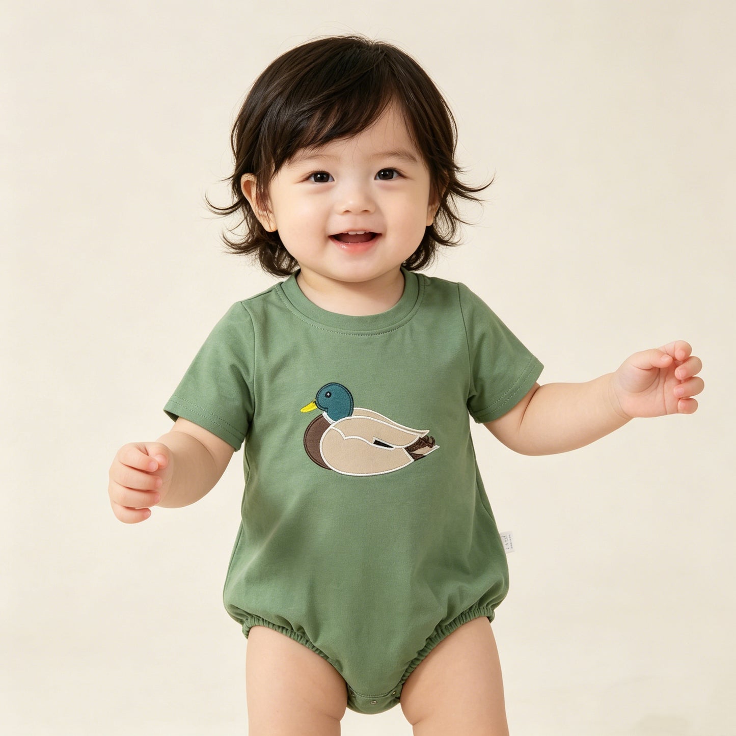 4.13 SR3444 RTS NO MOQ （In stock）Short sleeves green cotton duck embroidery baby boy romper