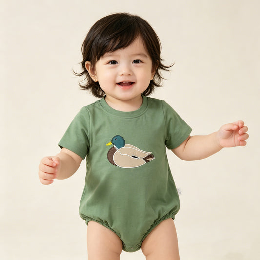 4.13 SR3444 RTS NO MOQ （In stock）Short sleeves green cotton duck embroidery baby boy romper