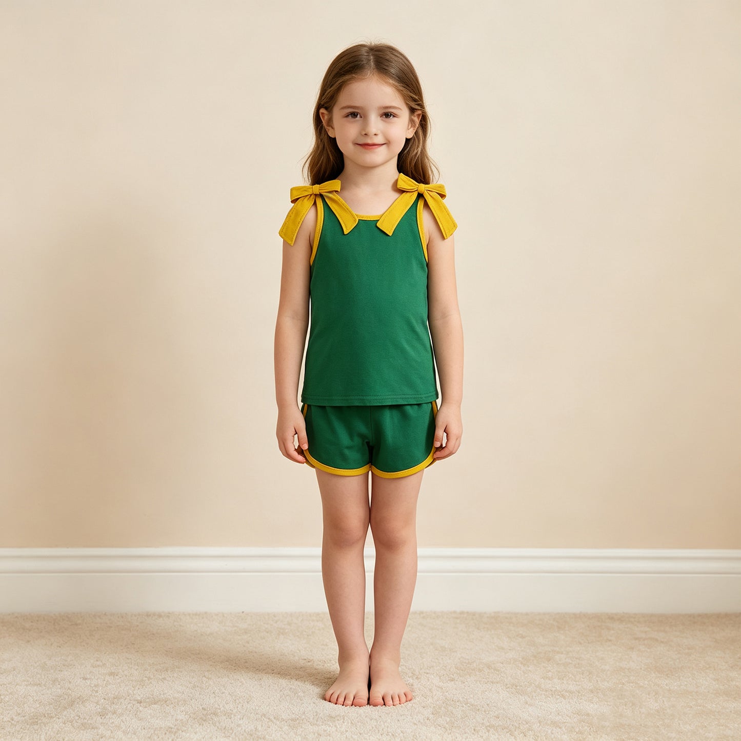 RTS NO MOQ （In stock）cotton GSSO3850 Baby Girls Green Gold Bows Sleeveless Vest Top Short Clothes Set
