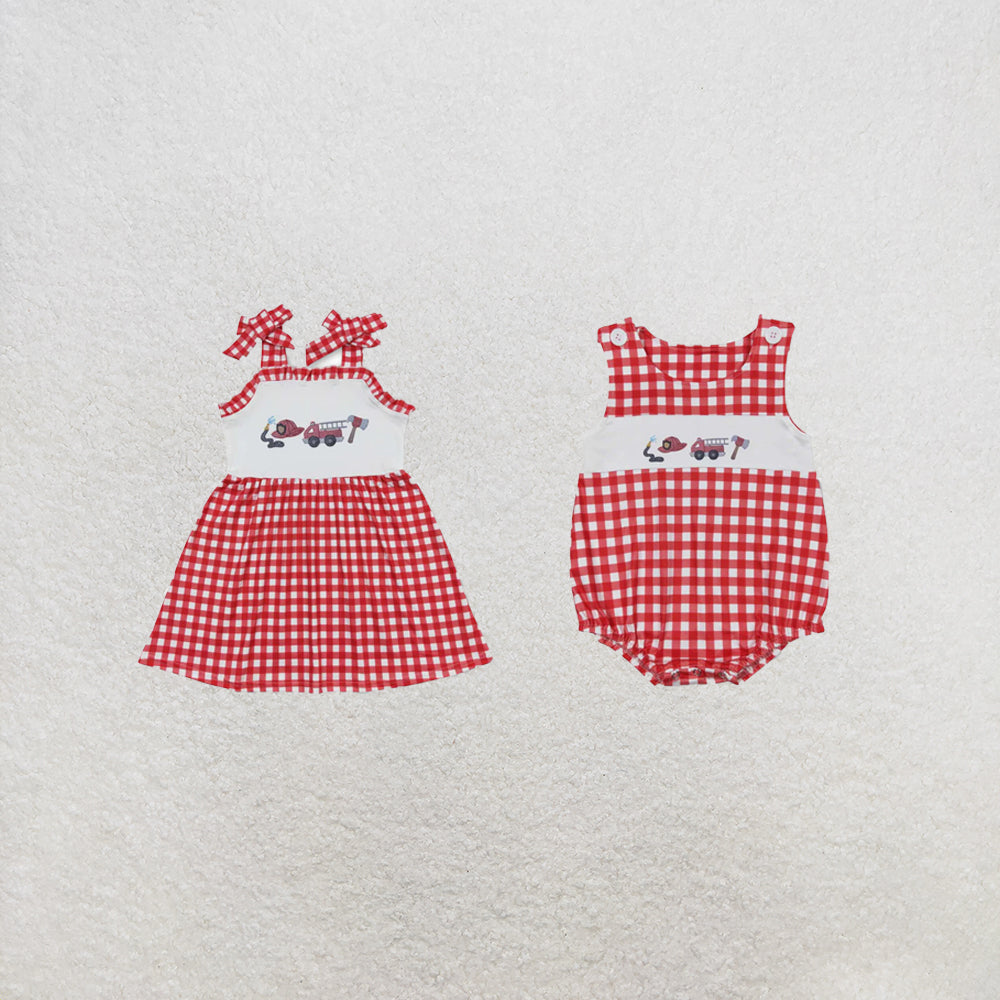 RTS Sibling Red plaid straps fire truck girls summer dresses and romper