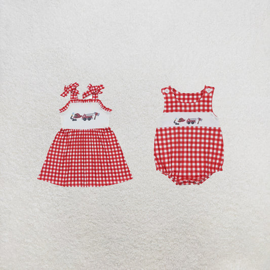 RTS Sibling Red plaid straps fire truck girls summer dresses and romper