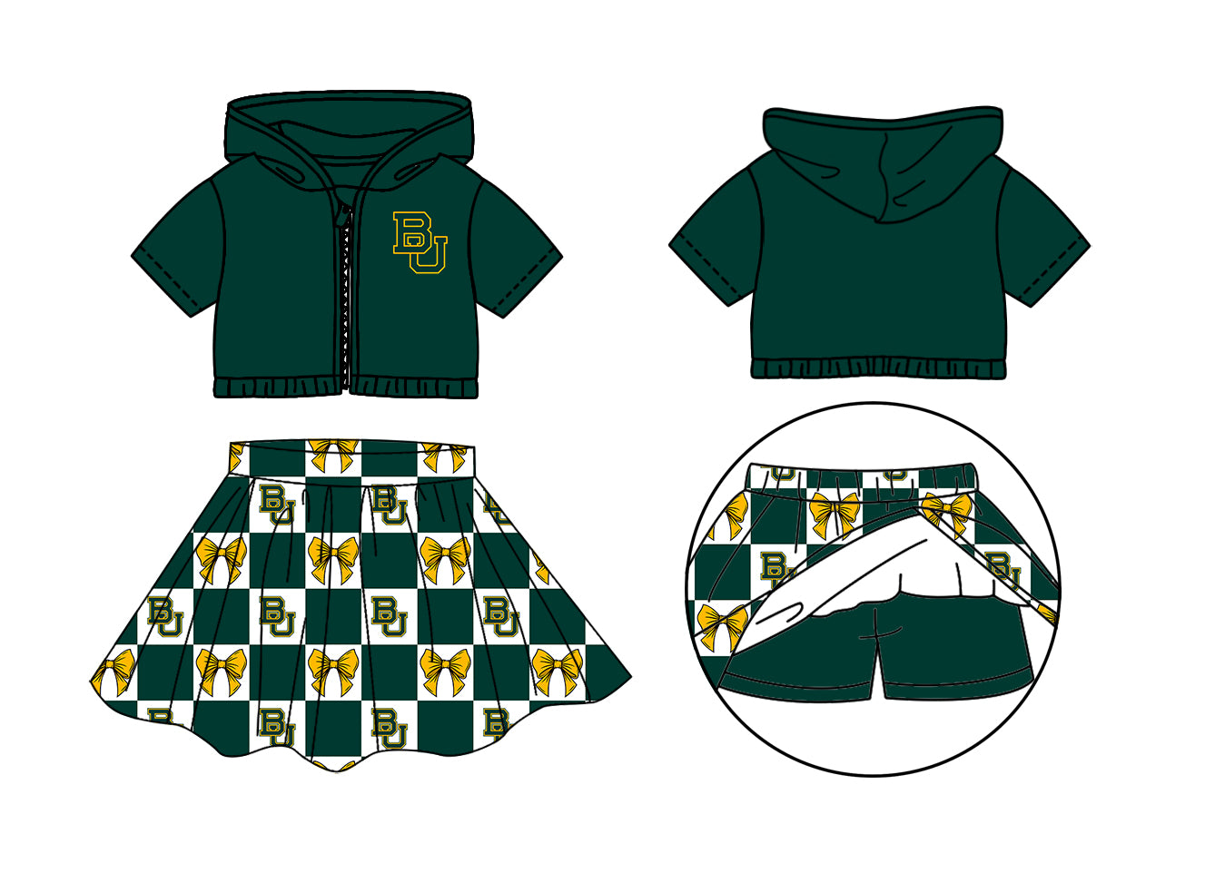 CUSTOM MOQ 5 Sibing Kids Clothing for Girls Baby Girls Green Bow Top Skirts Yoga Active Team Clothes Sets Knee Length Dress Shorts