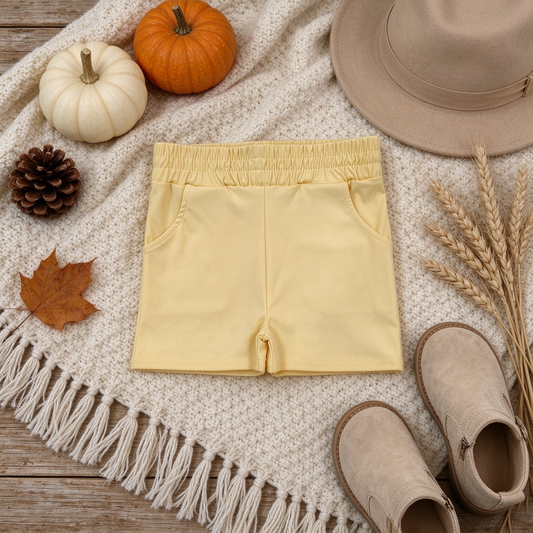 RTS NO MOQ （In stock）yoga fabric cotton SS0959 Yoga Baby Girls Solid Yellow Pocket Short Yoga Casual Bottoms