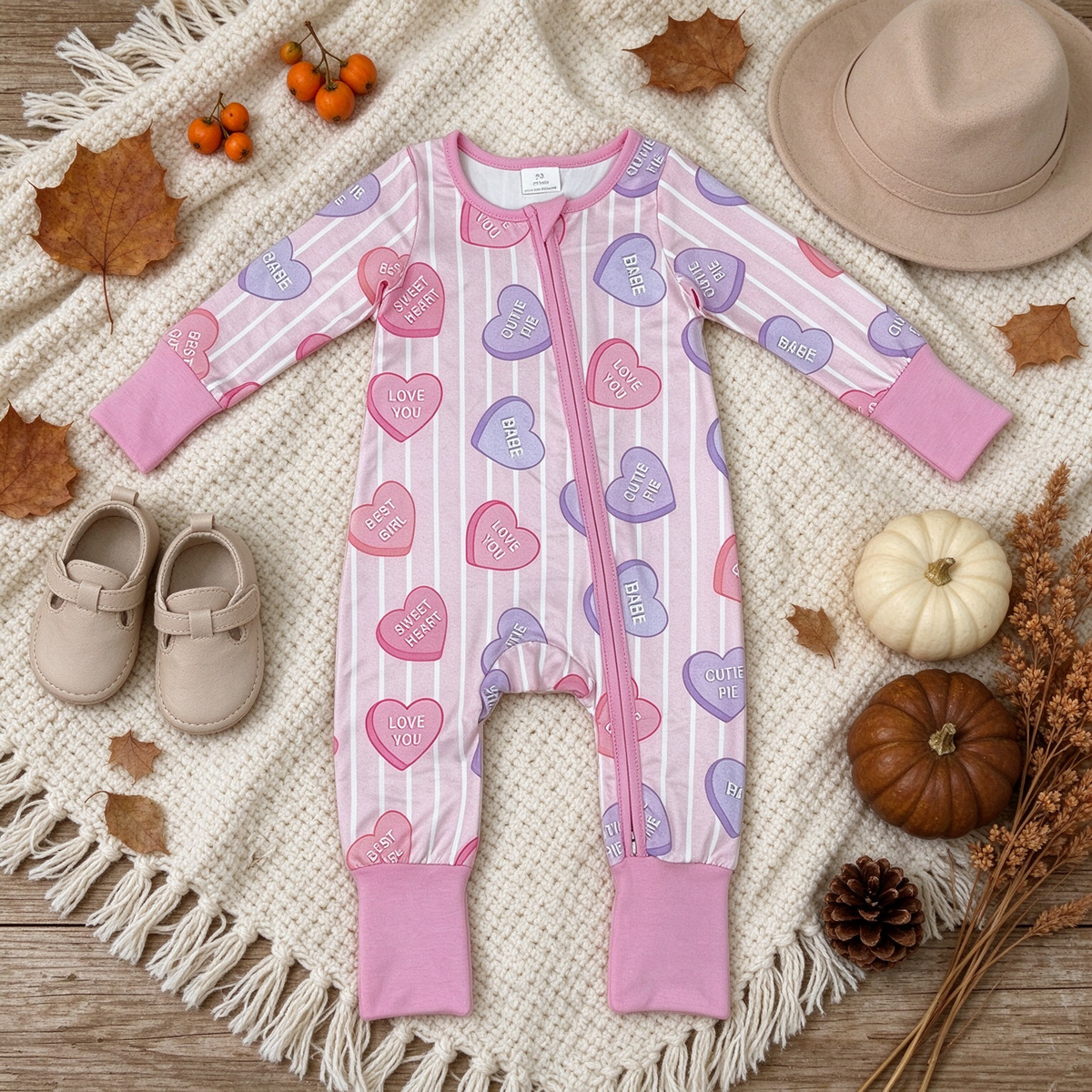 RTS NO MOQ （In stock）milk silk LR3325 Baby Girls Pink Stripe LOVE YOU Hearts Print Two Way Zip Convertible Valentines Rompers