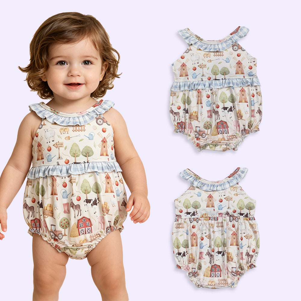 SR3852 RTS NO MOQ （In stock）Sleeveless plaid ruffle farm baby girls romper