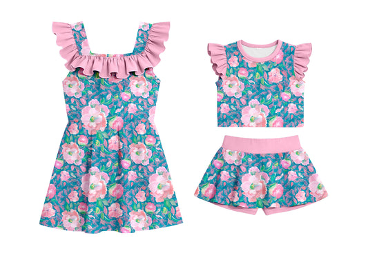 CUSTOM MOQ 5 Sibling Baby Girls Sleeveless Pink Flowers Shorts Set Knee Length Dresses
