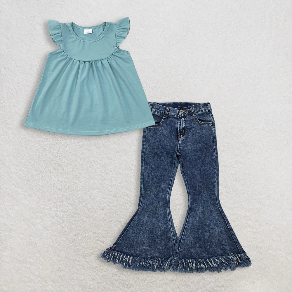 3.10 RTS NO MOQ （In stock）GT0460 + P0132 Baby Girls Blue Cotton Flutter Sleeve Tunic Tops Denim Pants Jeans Clothes Set