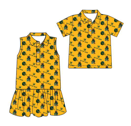 3.13 CUSTOM MOQ 5 Sibling Boys Baby Girls Summer Fashion Short Sleeve Golden Green Hat Shirt Sleeveless Dress Team Clothes Sets