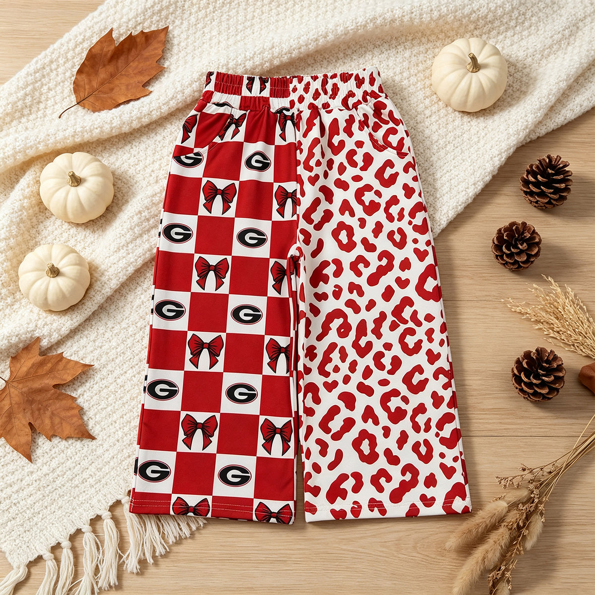 RTS NO MOQ （In stock）milk silk P1126 Baby Girls Bows Leopard Team Pockets Flare Pants Bottom
