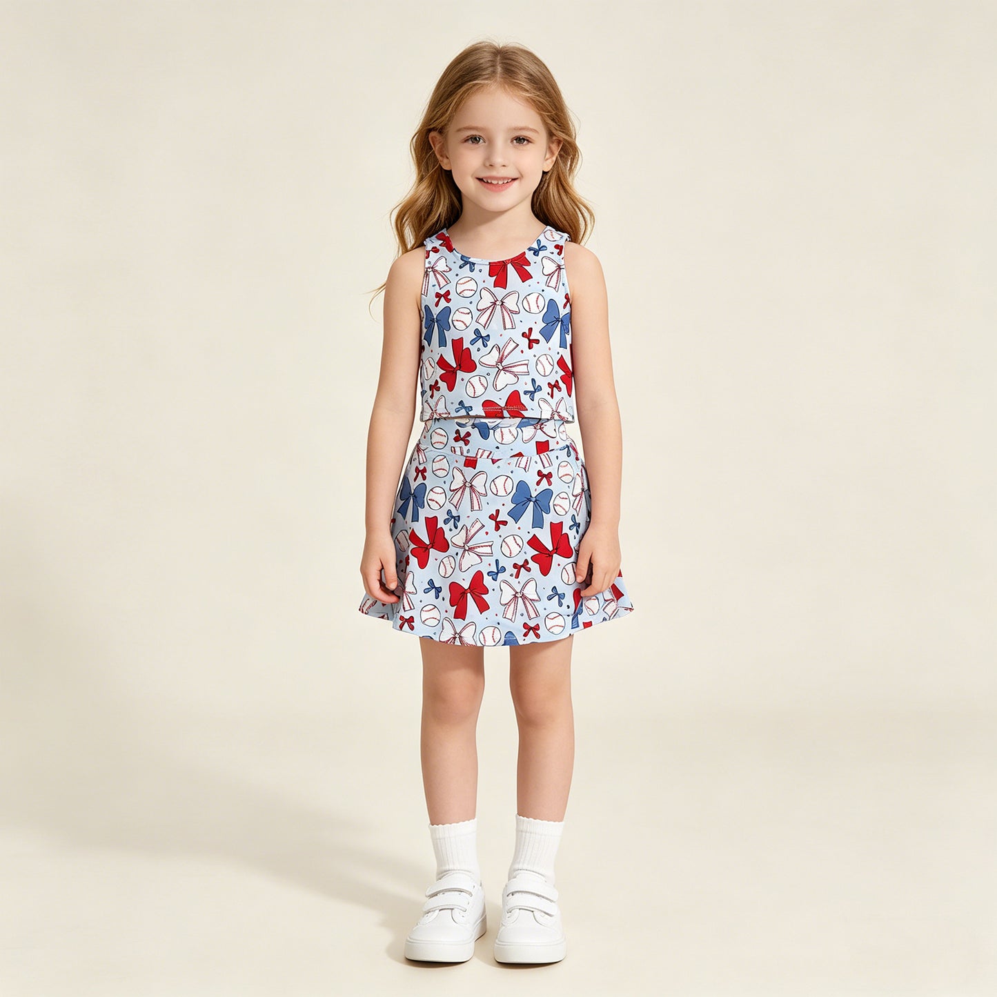 GSD2151 RTS NO MOQ （In stock ）Sleeveless baseball red blue bow kids girls active wear set