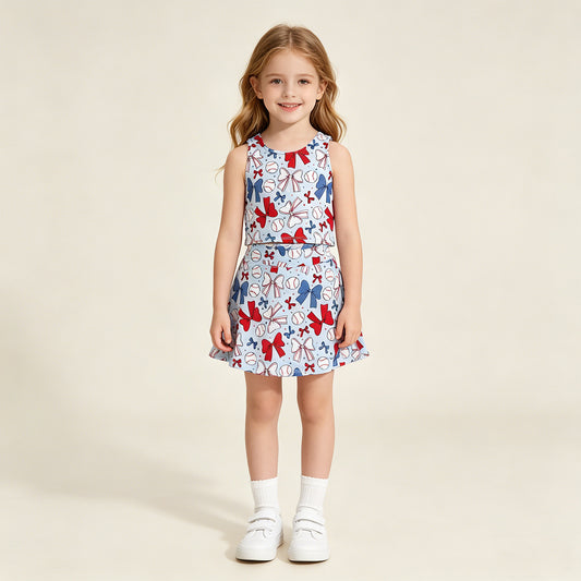 GSD2151 RTS NO MOQ （In stock ）Sleeveless baseball red blue bow kids girls active wear set