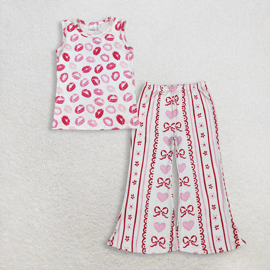 3.12 RTS NO MOQ （In stock）GT1419+ P0894 Baby Girls Sleeveless Pink Mouths Valentines Vest Tops Bows Hearts Flowers Stripe Valentines Flare Pants Bottom