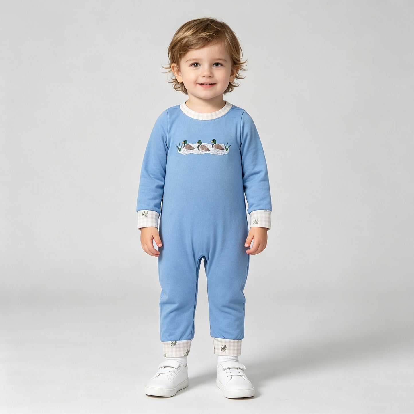 LR3007 TS NO MOQ （In stock） Embroidery Ducks Baby Boys Long Sleeve Hunting Rompers