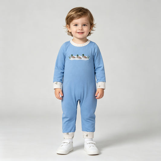 LR3007 TS NO MOQ （In stock） Embroidery Ducks Baby Boys Long Sleeve Hunting Rompers