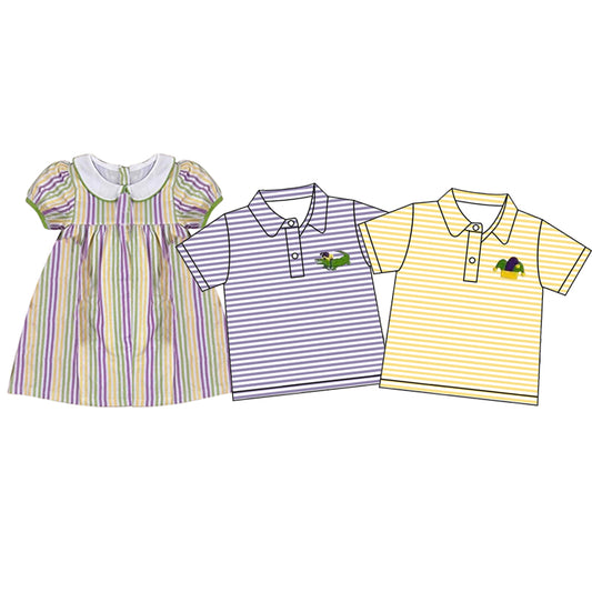 Baby Girls and Boys Mardi Gras Stripe Neck Short Sleeve Button Pullover Top and Knee Length Dress
