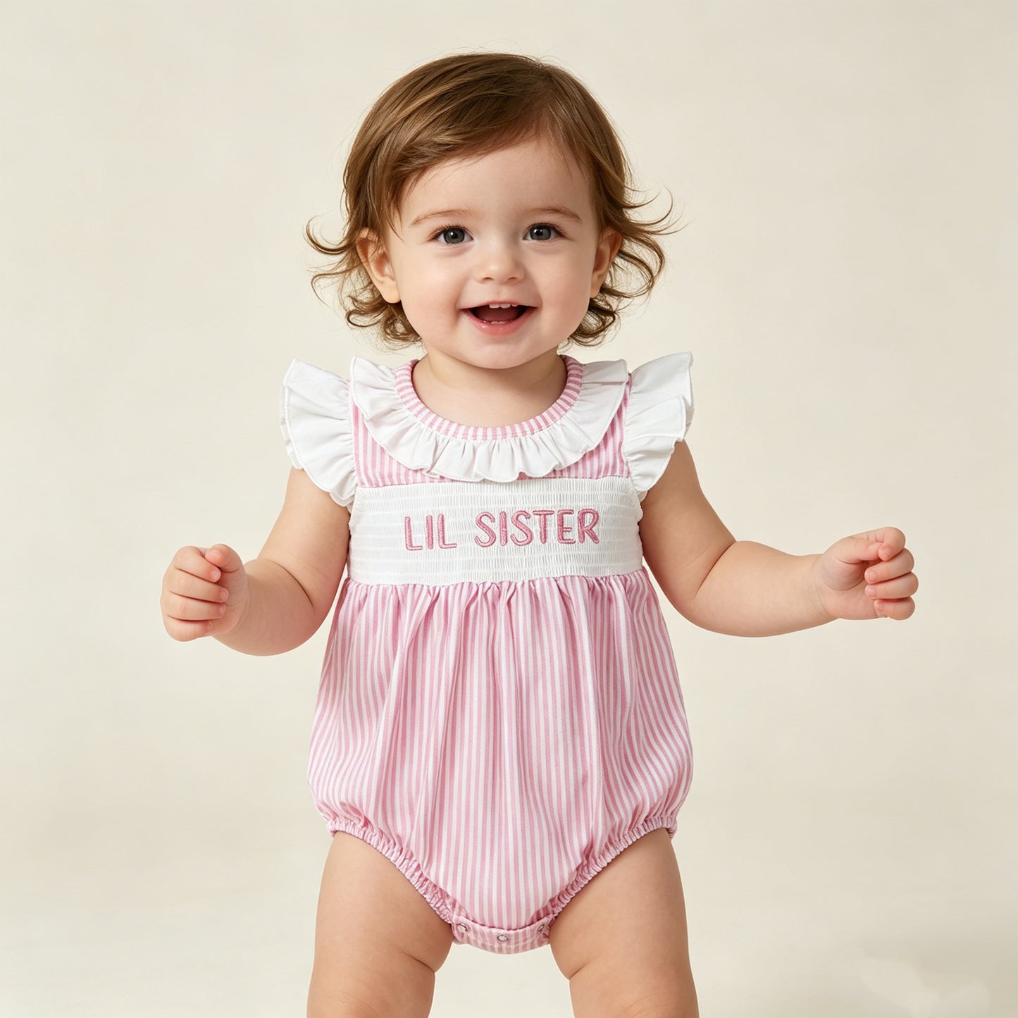 SR3593 RTS NO MOQ （In stock）Flutter sleeves LIL SISTER smocked stripe baby romper