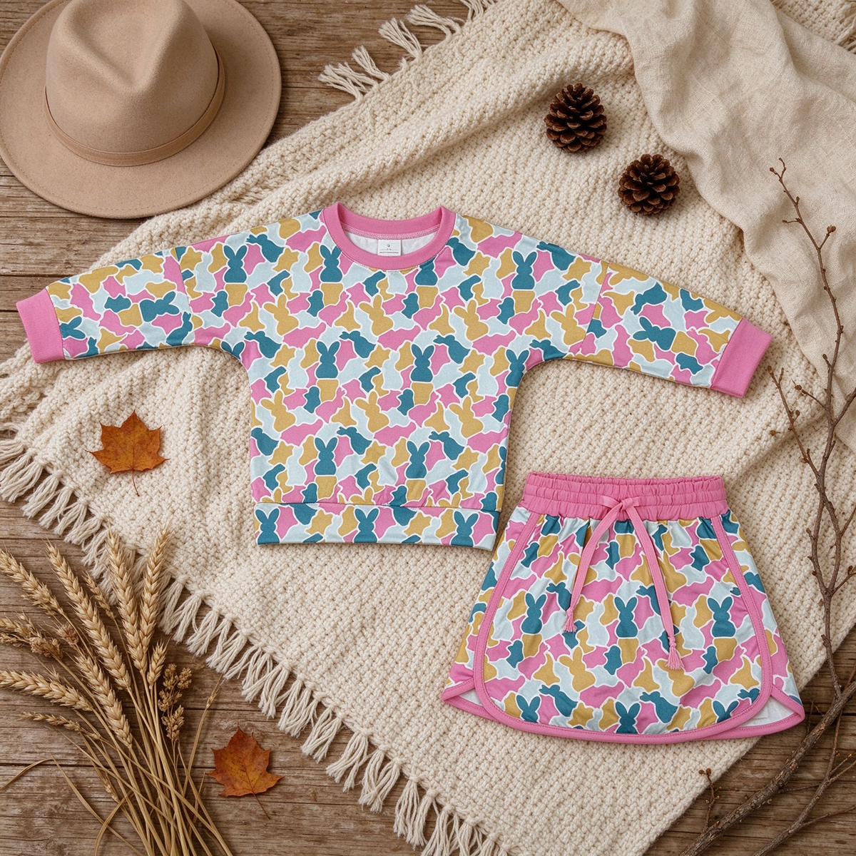 RTS NO MOQ （In stock）milk silk GLD1825 Baby Girls Rabbits Camo Print Long Sleeve Top Short Skirt Casual Easter Outfit Set