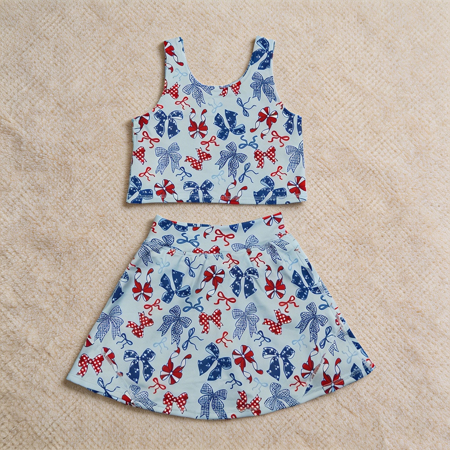 GSD3874RTS NO MOQ （In stock ） Baby Girls Red Blue Bows Vests Skirt Short Yoga Active 4th of July Clothes