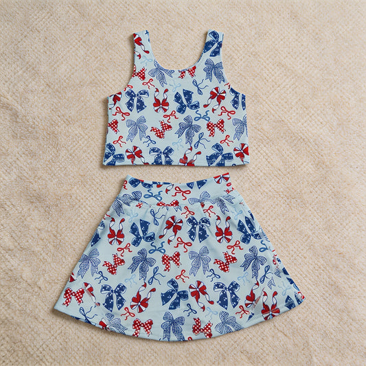 GSD3874RTS NO MOQ （In stock ） Baby Girls Red Blue Bows Vests Skirt Short Yoga Active 4th of July Clothes