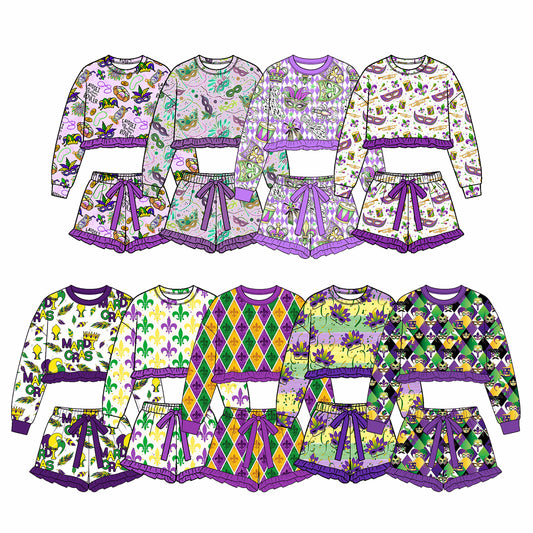 (Preorder new) No moq Baby Girls Ruffle Long Sleeve Crop Top And Ruffle Shorts Set
